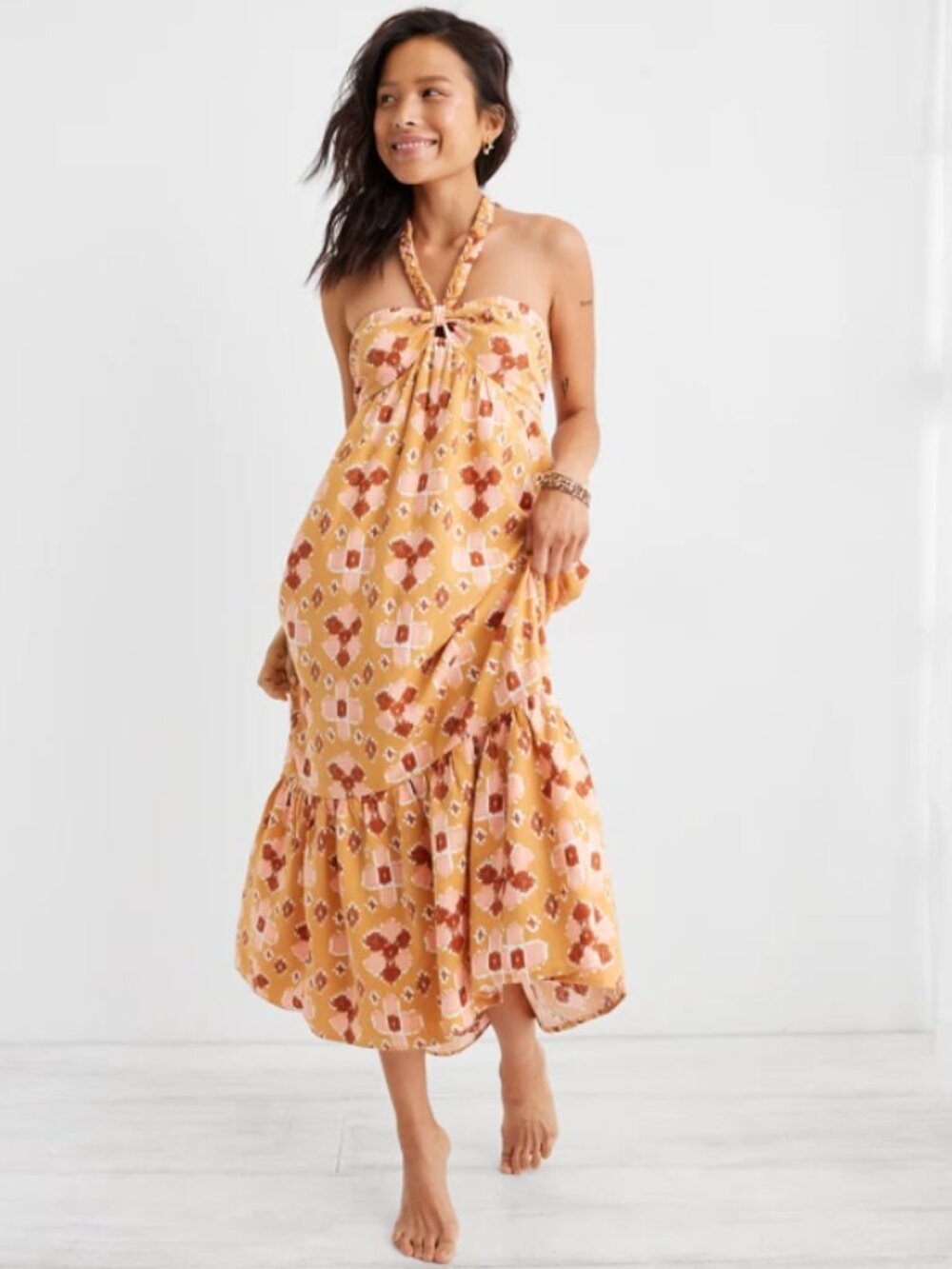 Aerie High Low Halter Maxi Sundress Women's Small Golden Tan Yellow Linen Blend